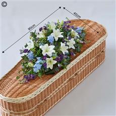 Blue Purple and white casket spray